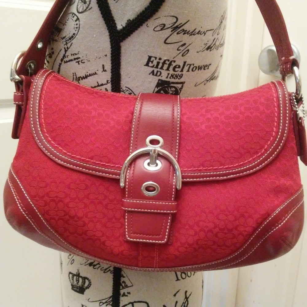 Vntg Auth Coach Red Hobo bag with Leather accents